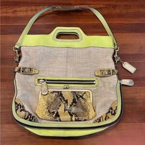 Coach Bonnie 13400 Green Python Straw Shoulder Bag Fold-over Convertible Bag